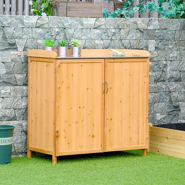 OUTSUNNY - Armoire de jardin sur pied table de rempotage 2 en 1 - double porte, étagère, plateau tôle acier galvanisé - bois de cèdre pré-huilé - large