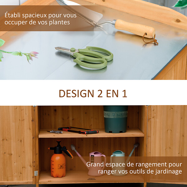 OUTSUNNY - Armoire de jardin sur pied table de rempotage 2 en 1 - double porte, étagère, plateau tôle acier galvanisé - bois de cèdre pré-huilé - large