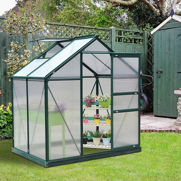 OUTSUNNY - Serre de jardin aluminium polycarbonate 2,51 m² dim. 1,9L x 1,32l x 2,01H m lucarne, porte coulissante + fondation incluse alu. vert polycarbonate transparent - large