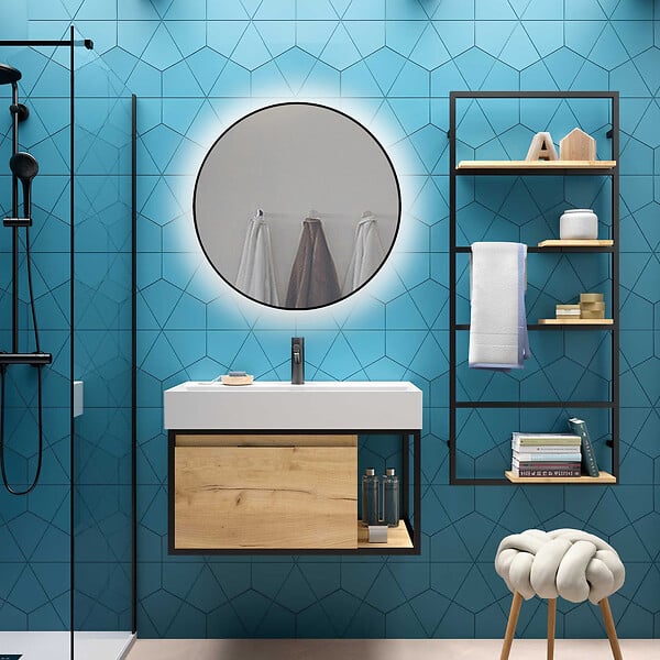 EMUCA - Miroir Zeus avec éclairage décoratif à LED et cadre noir, diamètre 80 cm, AC 230V 50Hz, 12 W, Aluminium et Verre - large