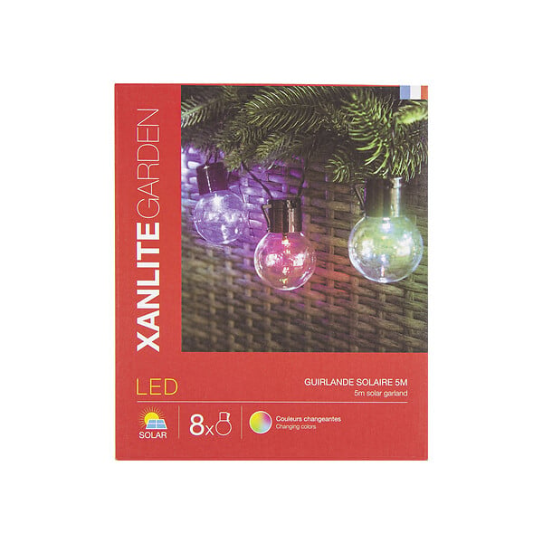 XANLITE - Guirlande LED solaire style ginguette 5 m, 8 ampoules RVB, éclairage multicolore à couleurs changeantes, autonomie jusqu’à 8 h, alimentation solaire, indice IP44, usage extérieur décoratif - large