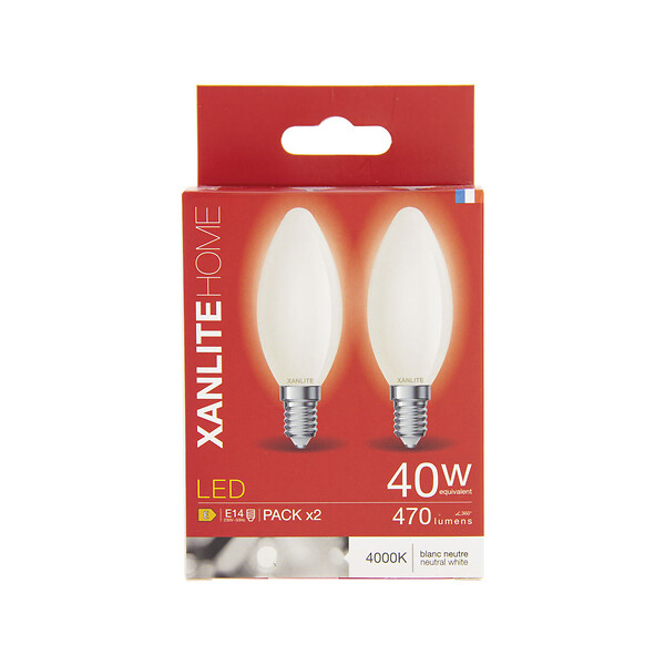 XANLITE - Lot de 2 ampoules Filament LED flamme opaques, culot E14, puissance équivalente 40W, flux 470 lm, lumière blanc neutre 4000 K - large
