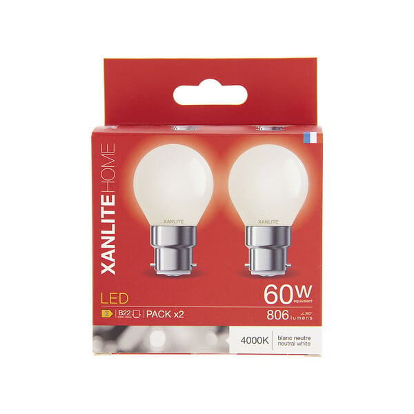 XANLITE - Lot de 2 ampoules filament LED P45, culot E14, puissance équivalente 60W, flux 806 lm, lumière blanc neutre 4000 K - large