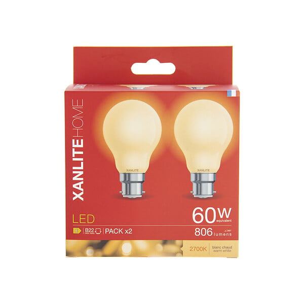 XANLITE - Lot de 2 ampoules Filament LED opaques, culot B22, forme A60, puissance équivalente 60W, flux 806 lm, lumière blanc chaud 2700 K - large