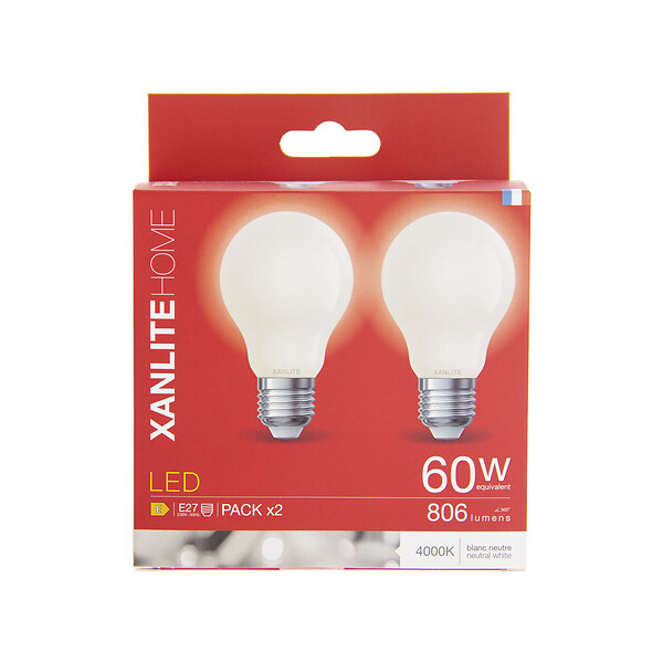 XANLITE - Lot de 2 ampoules Filament LED opaques, culot E27, forme A60, puissance équivalente 60W, flux 806 lm, lumière blanc neutre 4000 K - large