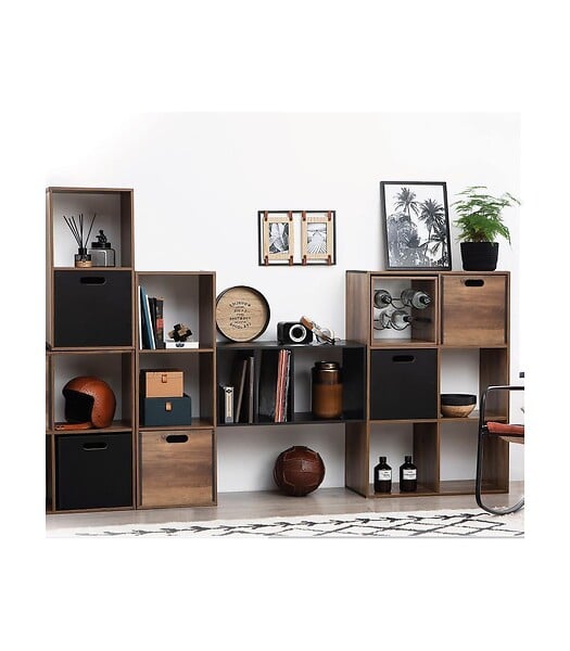 5 FIVE SIMPLY SMART - Meuble Étagère 9 cases de rangement coloris bois foncé style Industriel H 100.5 cm - large