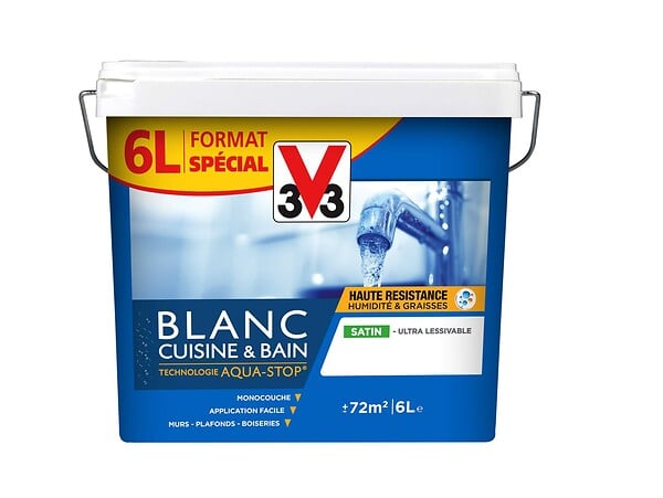 V33 PEINTURE - Peinture monocouche cuisine et bain - Blanc satin - 6L - large