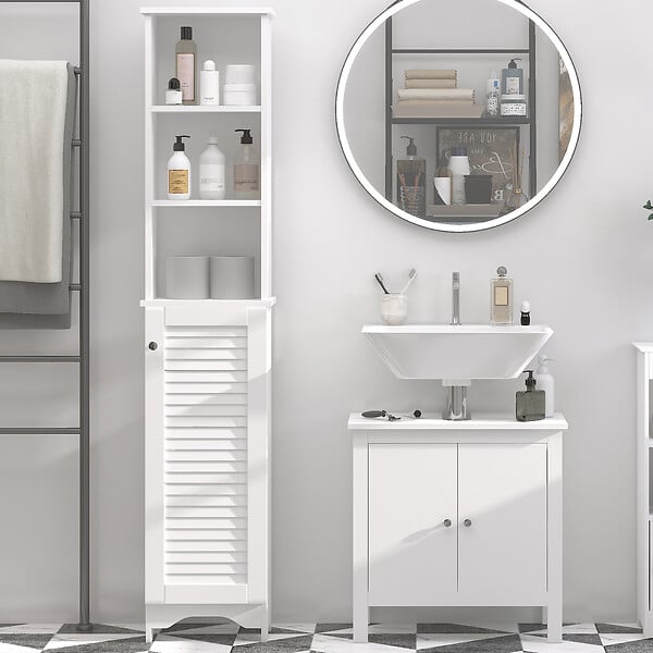 HOMCOM - Meuble colonne salle de bain 3 niches placard porte persienne 3 étagères MDF panneaux de particules blanc - large