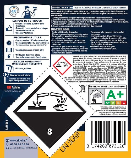 RIPOLIN - Traitement murs humides et salpêtre Bidon 2.5l - large