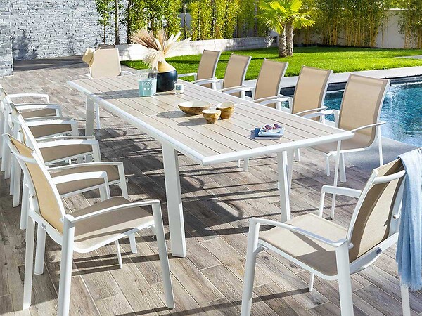 HESPERIDE - Table extensible rectangulaire alu Lin/Blanc Pavane - 8/12 places - Hespéride - large