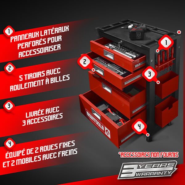MOVITOOLS - Servante d'atelier 5 tiroirs + accessoires - large