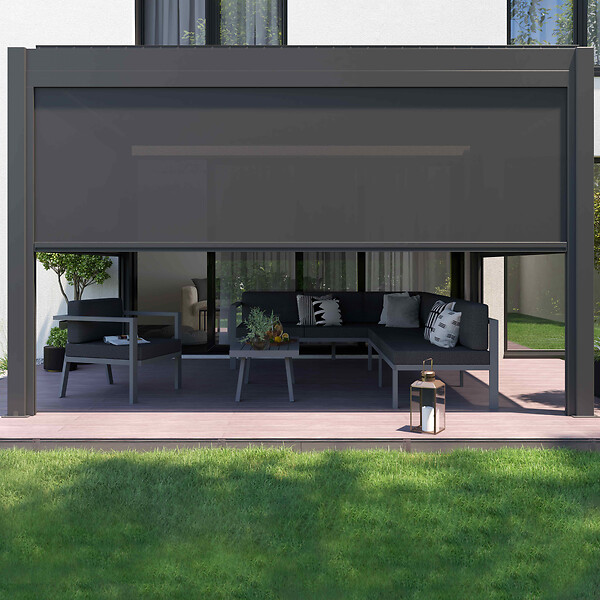 OVIALA - Pergola bioclimatique autoportée motorisée éclairée 3x4m et 3 stores - Kavala - large