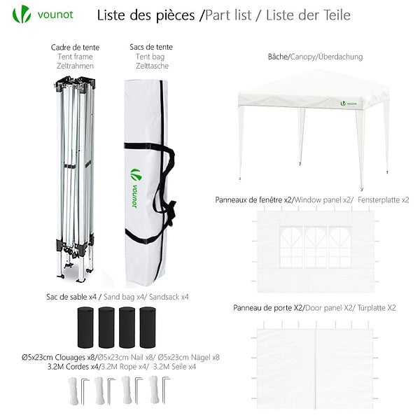 VOUNOT - Tonnelle de Jardin 3x3m Pliable avec portes et fenêtres Blanc - large