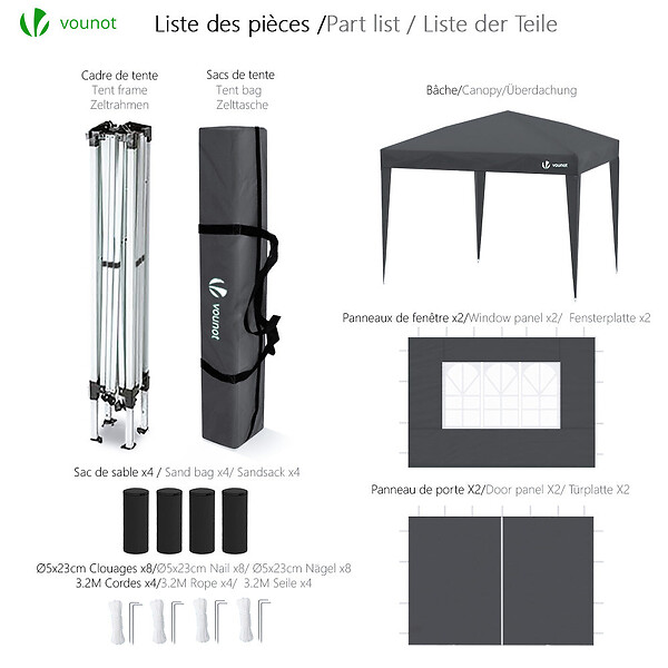 VOUNOT - Tonnelle de Jardin 3x3m Pliable avec portes et fenêtres Gris - large