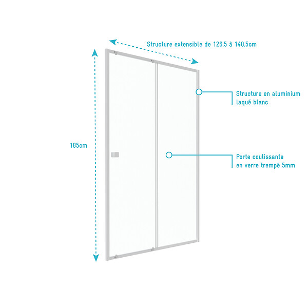 AURLANE - Porte de douche coulissante blanc 140x185cm - extensible - WHITY slide 140 - large