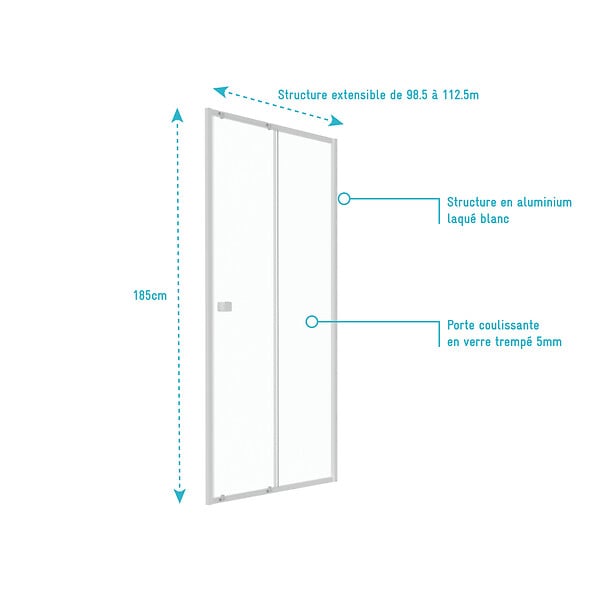 AURLANE - Porte de douche coulissante blanc 100x185cm - extensible - WHITY slide 100 - large