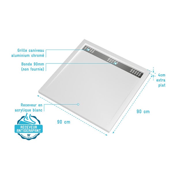 AURLANE - Receveur en acrylique Blanc 90x90x4 cm - Grille Linéaire Chrome - WHITENESS II - large