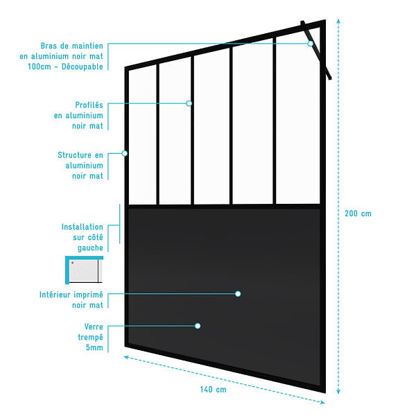 AURLANE - Paroi de douche 140x200 cm type Verriere - Verre trempe et Structure aluminium noir mat - large