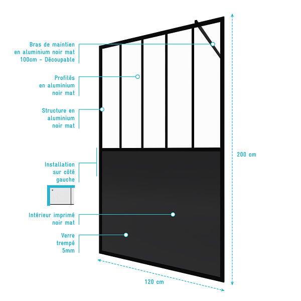 AURLANE - Paroi de douche 120x200 cm type Verriere - Verre trempe et Structure aluminium noir mat - large