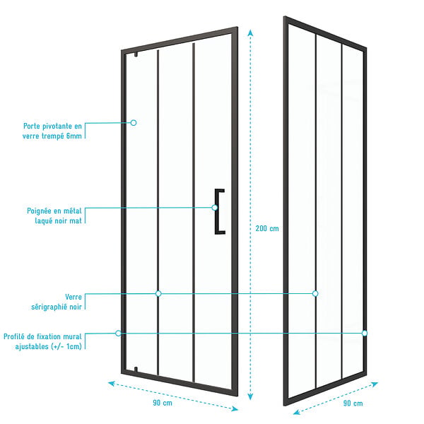 AURLANE - Porte de douche serigraphiee - 90x200cm + Paroi retour - 90x200 cm - PORTE PIVOTANTE - large