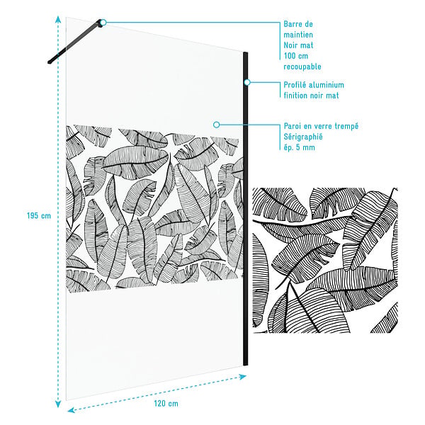 AURLANE - Paroi de Douche 120x195cm Serigraphie Type Jungle - Verre 5mm - Bras de Fixation Redecoupable - large