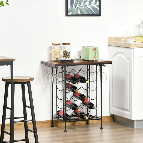 HOMCOM - Homcom Étagère Style Industriel Étagère Porte Bouteilles Casier À Vin 24 Bouteilles Support Verres À Vin Intégré 6 Max. Métal Noir Mdf Aspect Bois Noyer - large