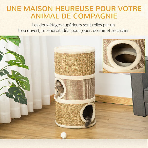 PAWHUT - Arbre à chat cylindrique - tour à griffer pour chat - arbre à chat tour - Tonneau griffoir - 3 niches + plateforme - sisal corde d'algues beige - large