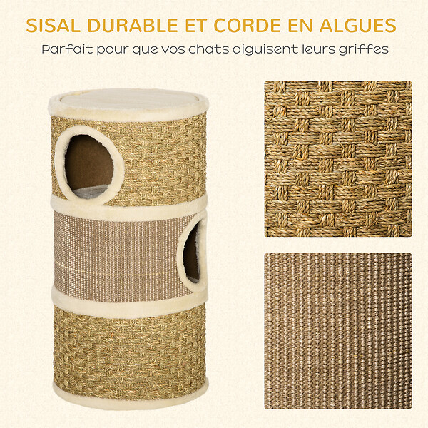 PAWHUT - Arbre à chat cylindrique - tour à griffer pour chat - arbre à chat tour - Tonneau griffoir - 3 niches + plateforme - sisal corde d'algues beige - large