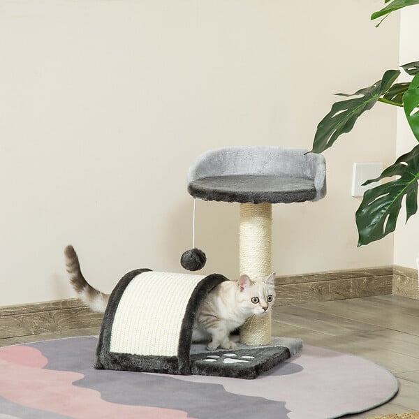 PAWHUT - Arbre à chat griffoir grattoir design jeu boule suspendue + plateforme peluche sisal naturel gris - large