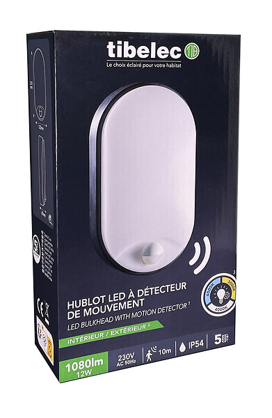 TIBELEC - ALUDRA Hublot ovale noir IP54 LED 12W avec détecteur, couleurs de lumi - large