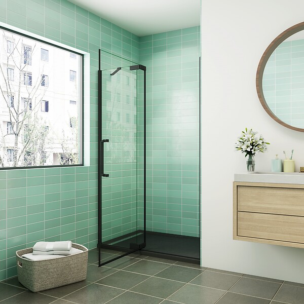 AICA SANITAIRE - AICA  porte de douche pivotante 90x195cm profilé noir 8mm verre anticalcaire installation en niche - large