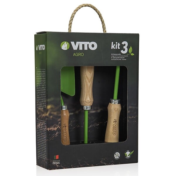 VITO - Kit 3 outils de jardin VITO Acier et manche bois de hêtre Transplantoir + Serfouette + Rateau 5 dents - large