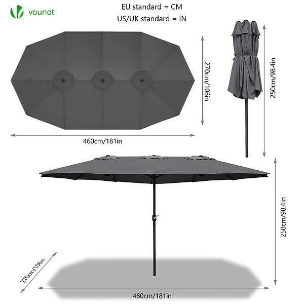 VOUNOT - Parasol Jardin Double Aluminium 270 x 460 cm gris - large