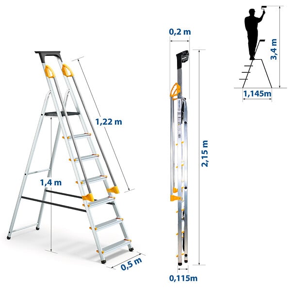 HOSTRÃ–M - Escabeau 7 marches DURAMP sécurisé avec rampes, tablette porte-outils, marchepied pliable aluminium, hauteur plateforme 140cm, garantie 5 ans Hoström - large