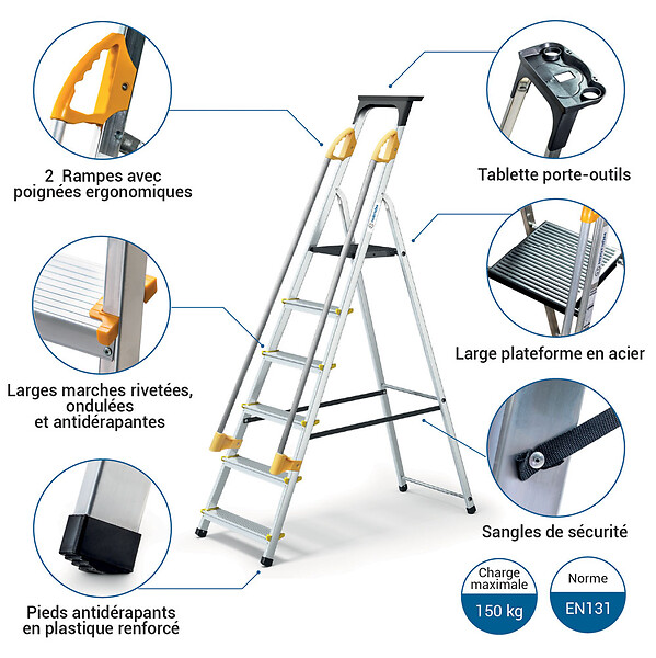 HOSTRÃ–M - Escabeau 6 marches DURAMP sécurisé avec rampes, tablette porte-outils, marchepied pliable aluminium, hauteur plateforme 119cm, garantie 5 ans Hoström - large
