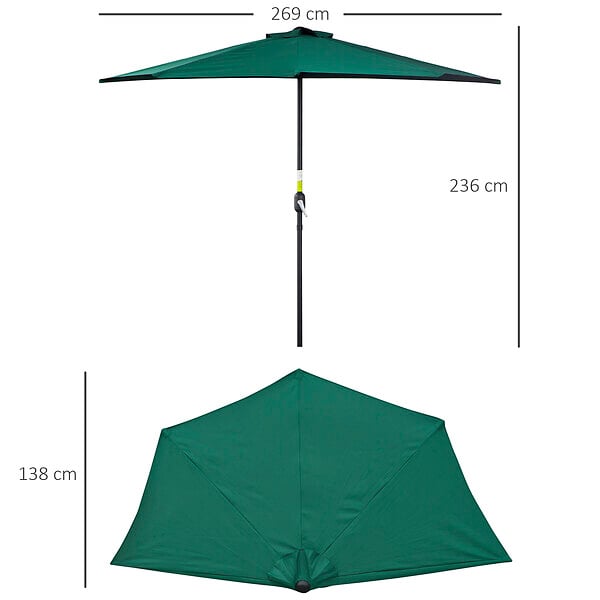 OUTSUNNY - Demi parasol - parasol de balcon 5 entretoises métal polyester 2,69L x 1,38l x 2,36H m vert - large