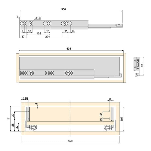 EMUCA - Kit de tiroirs pour cuisine ou salle de bains Vertex, hauteur 93mm, avec panneaux inclus, module 450mm, peint en blanc - large