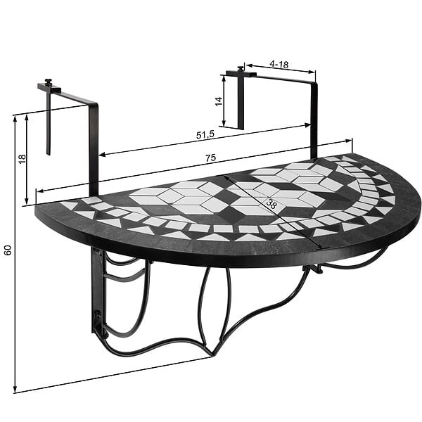 TECTAKE - Table de balcon rabattable 75 x 65 x 62 cm noir/blanc - large