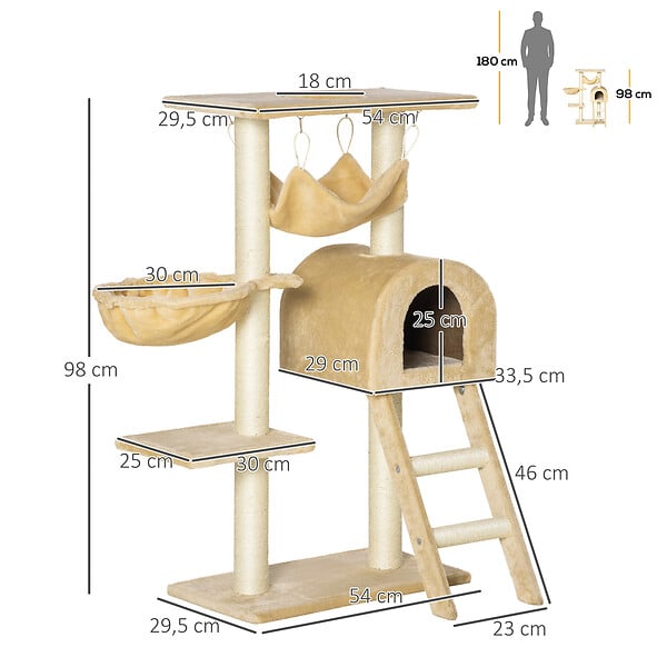 PAWHUT - Arbre à chat griffoir arbre à grimper tour de jeu stable à plusieurs niveaux centre d'activités hauteur 98 cm beige - large