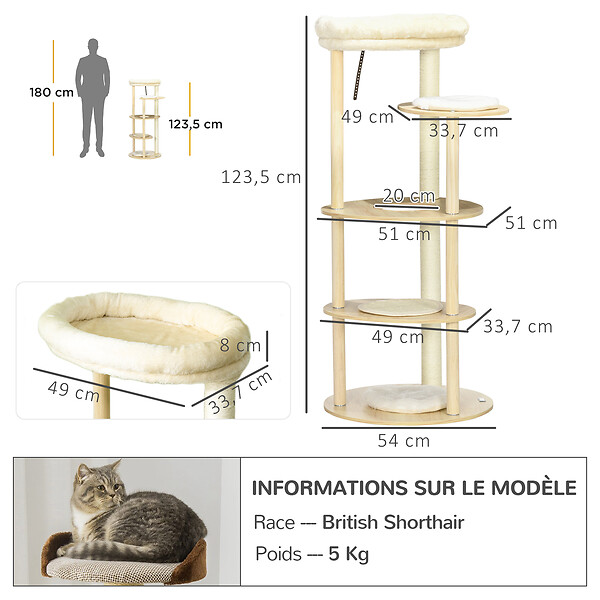 PAWHUT - Arbre à chat style nordique griffoir sisal naturel 4 plateformes coussins panier d'observation amovible bois pin panneaux bois clair - large