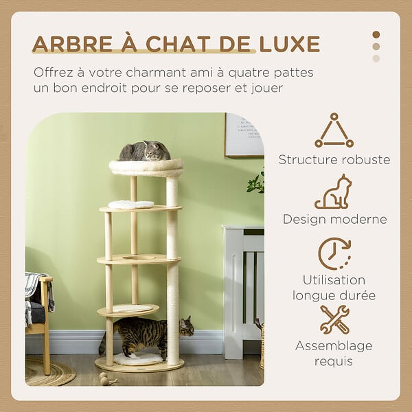 PAWHUT - Arbre à chat style nordique griffoir sisal naturel 4 plateformes coussins panier d'observation amovible bois pin panneaux bois clair - large