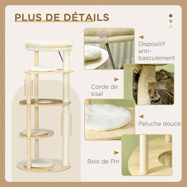 PAWHUT - Arbre à chat style nordique griffoir sisal naturel 4 plateformes coussins panier d'observation amovible bois pin panneaux bois clair - large