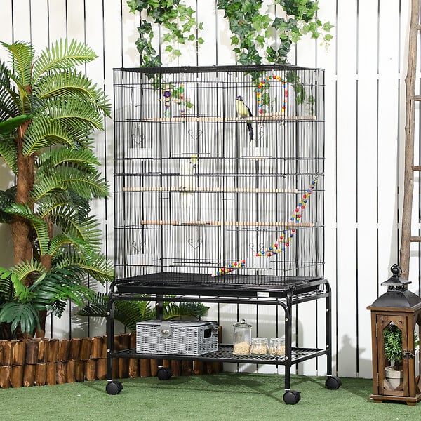 PAWHUT - Cage à oiseaux sur roulettes - étagère, plateau déjection, 3 perchoirs, 4 mangeoirs, 2 portes, 8 trappes, accessoires - acier noir - large