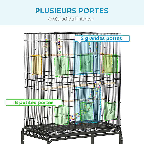PAWHUT - Cage à oiseaux sur roulettes - étagère, plateau déjection, 3 perchoirs, 4 mangeoirs, 2 portes, 8 trappes, accessoires - acier noir - large