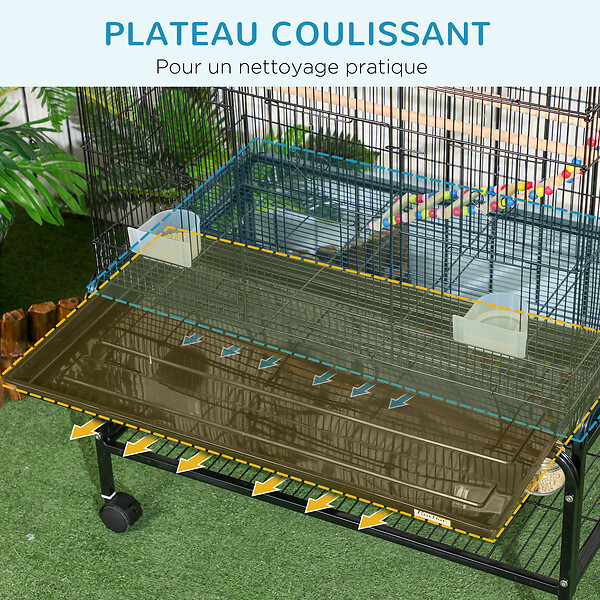 PAWHUT - Cage à oiseaux sur roulettes - étagère, plateau déjection, 3 perchoirs, 4 mangeoirs, 2 portes, 8 trappes, accessoires - acier noir - large