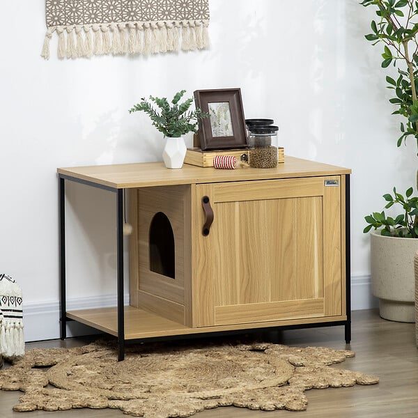 PAWHUT - Maison de toilette pour chat style industriel porte entrée latérale boule suspendue châssis acier aspect bois clair - large