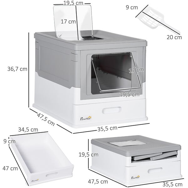 PAWHUT - Maison de toilette pliable pour chat - tiroir à litière coulissant, porte battante et trappe transparente, pelle - blanc gris - large