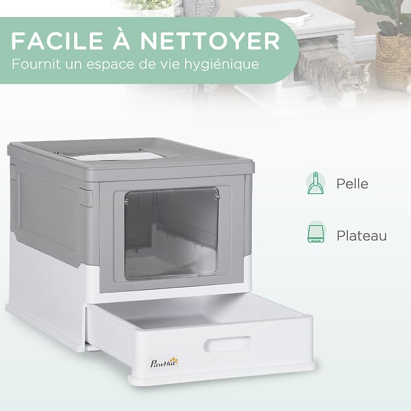PAWHUT - Maison de toilette pliable pour chat - tiroir à litière coulissant, porte battante et trappe transparente, pelle - blanc gris - large
