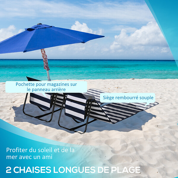 OUTSUNNY - Lot de 2 tapis de plage rembourrés pliables - matelas de plage - dossier inclinable, rangement - métal polyester blanc bleu - large