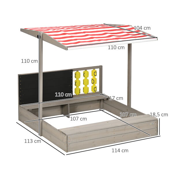 OUTSUNNY - Bac à sable bois carré dim. 1,18L x 1,13l x 1,10H m - hauteur, inclinaison toit réglable, refermable - tableau, jeu - bois sapin gris - large